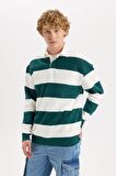 Boxy Fit Polo Yaka Çizgili Sweatshirt