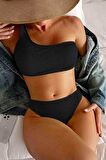 Angelsin Özel Fitilli Kumaş Bikini Takım Siyah