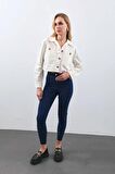 Kadın Ekru Crop Kesim Jean Ceket