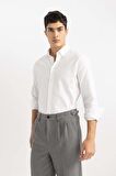 DeFacto Beyaz Modern Fit Polo Yaka Petek Dokulu Basic Düz Uzun Kollu Gömlek B7383AX24SPWT34