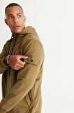 Erkek Haki Standart Fit Normal Kesim Kapüşonlu Fermuarlı Sweatshirt Ceket