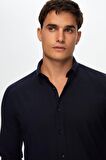 D'S Damat Slim Fit Lacivert Düğmeli Yaka %100 Pamuk Yazlık Flamlı Keten Görünümlü Gömlek 6HC02ORT63265