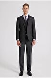 Slim Fit Antrasit Armürlü Mono Yaka Tek Yırtmaçlı Astarlı Takim Elbise Kombinli 8HFY5ORTKMBN1