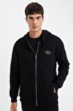 DeFacto Siyah Relax Fit Kapüşonlu Waffle Baskılı Cepli Fermuarlı Sweatshirt D2629AX24AUBK81