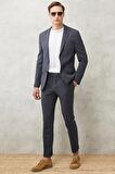 Erkek Antrasit-lacivert Slim Fit Dar Kesim Mono Yaka Kareli Klasik Takım Elbise