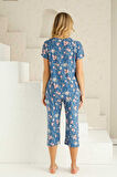 Kadın Çiçek Desen Dantel Detay Viskon Kısa Kol Kapri Pijama Takımı