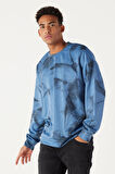 Erkek Indigo Oversize Bol Kesim Bisiklet Yaka Modern Desenli Yumuşak Dokulu Sweatshirt