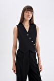 DeFacto Fitted Vücuda Oturan V Yaka Crop Çapraz Düğmeli Blazer Yelek D3159AX24AUBK81