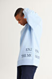 Erkek Açık Mavi Oversize Fit Bol Kesim Içi Polarlı 3 Iplik Pamuklu Baskılı Sweatshirt