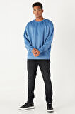 Erkek Indigo Oversize Bol Kesim Bisiklet Yaka Düz Sweatshirt