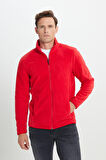 Erkek Kırmızı Anti-pilling Tüylenme Yapmayan Standart Fit Bato Yaka Sweatshirt Polar Ceket