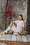 Kadın Homewear Bambu Pijama Takımı Kısa Kol  Yaka Güpür Detaylı