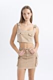 DeFacto Coool Gabardin Askılı Crop Bluz C4455AX24SPBG387
