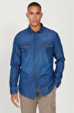 Erkek Mavi Slim Fit Dar Kesim Gizli Düğmeli Yaka %100 Pamuk Denim Gömlek
