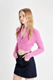 DeFacto Coool Crop Basic Düz Fermuarlı Dik Yaka Triko Hırka C6298AX24WNPN206