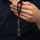 925 Ayar Gümüş Püsküllü Kırmızı Siyah Tonlu Erkek Ateş Kehribar Tesbih