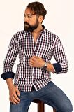 Bordo Lacivert Kareli Slimfit Erkek Gömlek