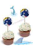 Köpek Balığı Figür Doğum Günü Cupcake Süsü Kürdan & Deniz Temalı Shark Pasta Süsleme Kürdanı 16 Adet