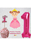 1 Yaş 36 cm Pembe Renk Folyo Balon & 1 Yaş Pasta Süsü Prenses 1 Yaşında Cupcake Pembe Doğum Günü