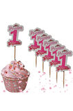 1 Yaş 36 cm Pembe Renk Folyo Balon & 1 Yaş Pasta Süsü Prenses 1 Yaşında Cupcake Pembe Doğum Günü