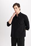 DeFacto Regular Fit Polo Yaka Oxford Basic Düz Uzun Kollu Siyah Gömlek A8028AX24SPBK81