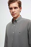 Slim Fit Antrasit Oxford Düğmeli Yaka Kolay Ütülenebilir Nakış Detaylı Pamuklu Gömlek 4HC02ORT03265