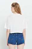 Oversize Fit Bol Kesim %100 Pamuk Bisiklet Yaka Baskılı Crop Tişört