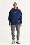 Erkek Lacivert Oversize Fit Bol Kesim Kapüşonlu Içi Polarlı 3 Iplik Pamuklu Sweatshirt