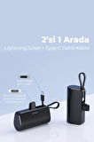 iPhone Lightning Soketli Mini Powerbank 5000mAh Type-C Dahili Kablolu Taşınabilir Şarj Cihazı Siyah