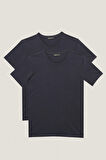 Erkek Lacivert Slim Fit Dar Kesim V Yaka %100 Pamuk 2'li Tişört Paketi