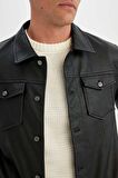 DeFacto Slim Fit Gömlek Yaka Suni Deri Ceket Mont C4861AX24WNBK27