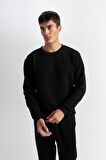 DeFacto Siyah Regular Fit Bisiklet Yaka Jakarlı Sweatshirt D5392AX24AUBK27