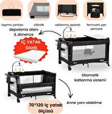 Gulz Beskar Anne Yanı Sallanır Dönenceli Alt Açmalı Oyun Parkı Bebek Beşik 70X120 cm + YATAKLI  Siyah