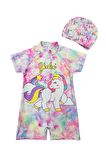 Kız Çocuk Mayokini Puantiye Kurdela Mickey Temalı Pembe Renk Kol Fırfırlı Kostüm Mayo