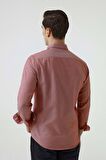 D'S Damat Slim Fit Kırmızı Armürlü Düğmeli Yaka Pamuklu Gömlek 5HC02ORT07265