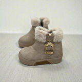 KIZ ÇOCUK TÜY DETAYLI TOKALI KAYMAZ TABAN BEJ BOT 