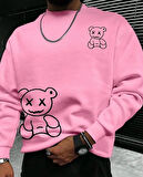 Oversize Unisex Ayıcık Baskılı Pembe Bisiklet Yaka Sweatshirt