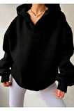 Oversize Kadın Yaka Detaylı Siyah Kapüşonlu Sweatshirt