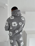 OVERSIZE ŞARDONLU KAPŞONLU EŞOFMAN TAKIM - ÇİÇEK DESENLİ SWEATSHIRT PANTOLON