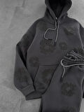 OVERSIZE ŞARDONLU KAPŞONLU EŞOFMAN TAKIM - ÇİÇEK DESENLİ SWEATSHIRT PANTOLON