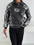 YIKAMALI KUMAŞ OVERSIZE DÜĞMELİ YAKALI SWEAT - %100 PENYE OVERSIZE SWEATSHIRT