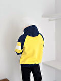 KAPÜŞONLU SARI LACİVERT ÇİZGİLİ OVERSIZE SWEATSHIRT - ŞARDONLU KALİTELİ SWEAT