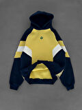 KAPÜŞONLU SARI LACİVERT ÇİZGİLİ OVERSIZE SWEATSHIRT - ŞARDONLU KALİTELİ SWEAT