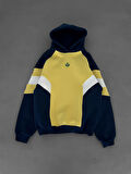 KAPÜŞONLU SARI LACİVERT ÇİZGİLİ OVERSIZE SWEATSHIRT - ŞARDONLU KALİTELİ SWEAT