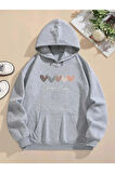 Kelebek Desenli Kapüşonlu Cepli Sweatshirt