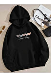 Kelebek Desenli Kapüşonlu Cepli Sweatshirt