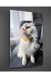 Sarı Papyonlu Beyaz Kedi Cam Tablo