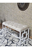 Beyaz Boyalı İçi Kareli Diktörtgen 100 cm x 40 cm Oturak Puf - Bench - Makyaj Oturağı - Oturak Krem Renk 100 x 40 Boyut/Ebat