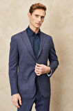 Erkek Lacivert-kahverengi Slim Fit Dar Kesim Mono Yaka Desenli Takım Elbise