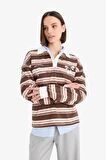 Coool Loose Fit Polo Yaka Çizgili Sweatshirt